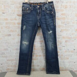 Rock Revival Callix Straight Leg Destroyed Denim Jeans Mens 32x33 Designer Read